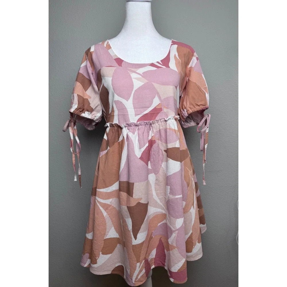 Girl and the Sun Avery Pink Leaf Print Puff Sleeve Mini Dress Size Medium Summer